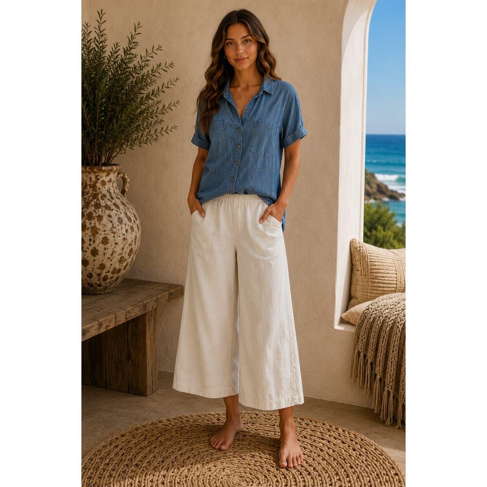 Pure Jill Linen Pants Natural Pull-On Wide Leg Crop Culotte SZ LP Coastal Beachy